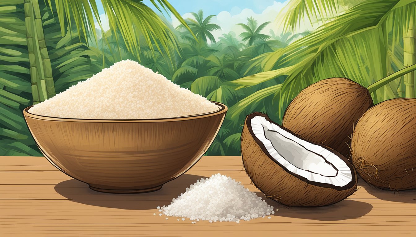 A bowl of coconut sugar next to a pile of fresh coconuts and a sugar cane plant, with a low glycemic index chart in the background