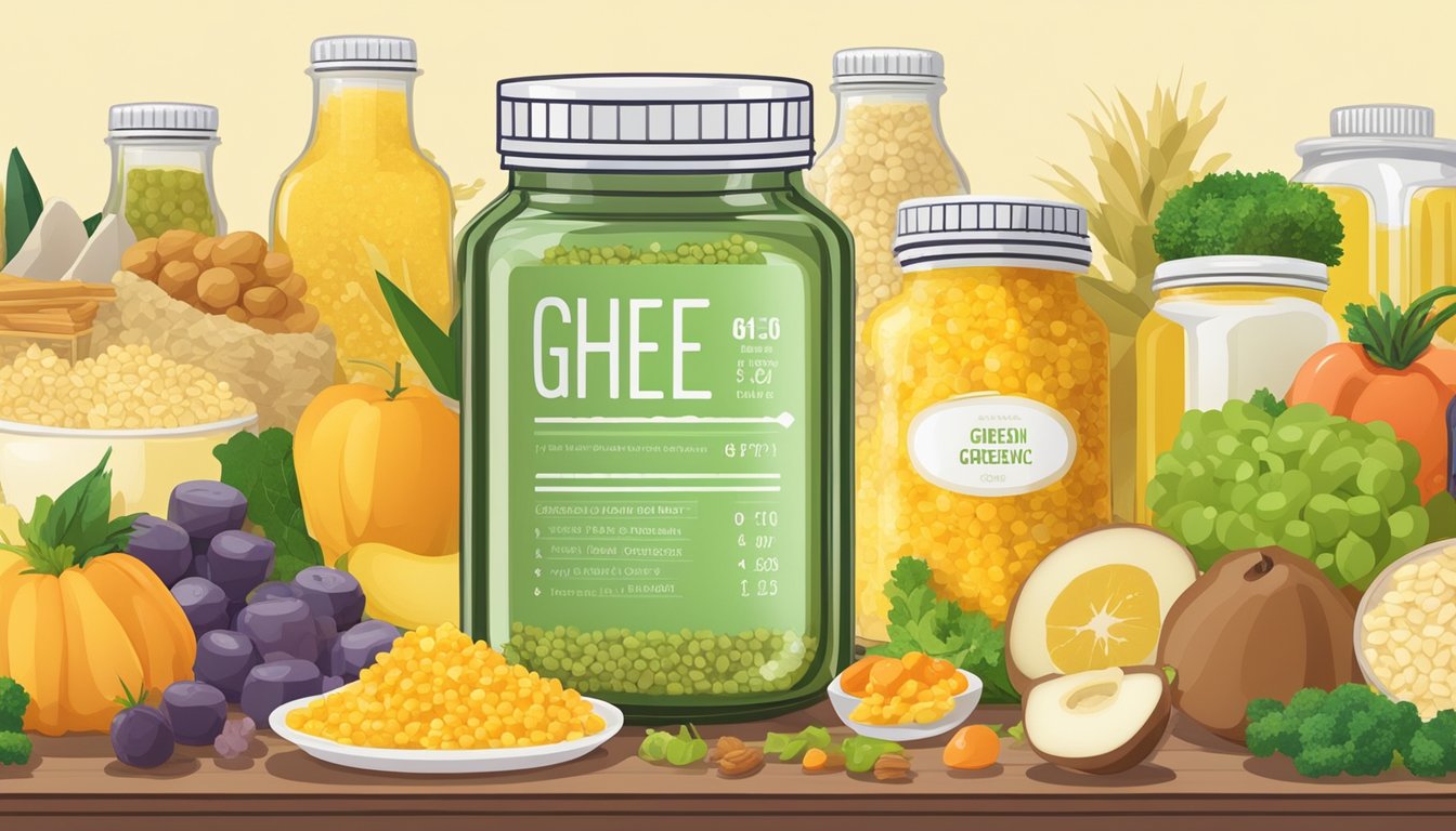 A jar of ghee surrounded by various food items with different glycemic index values, such as fruits, vegetables, and grains, displayed on a table