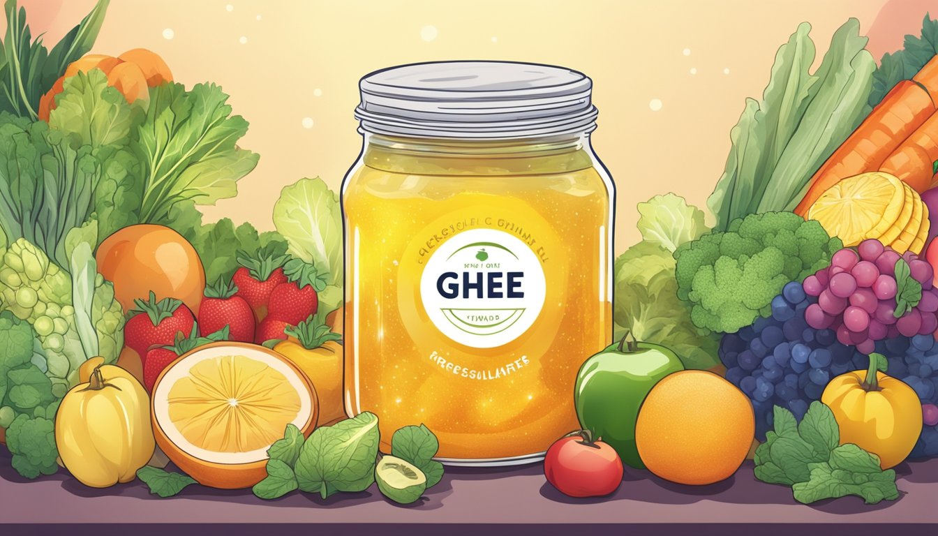 A jar of ghee surrounded by colorful fruits and vegetables, with a glowing halo indicating its health benefits