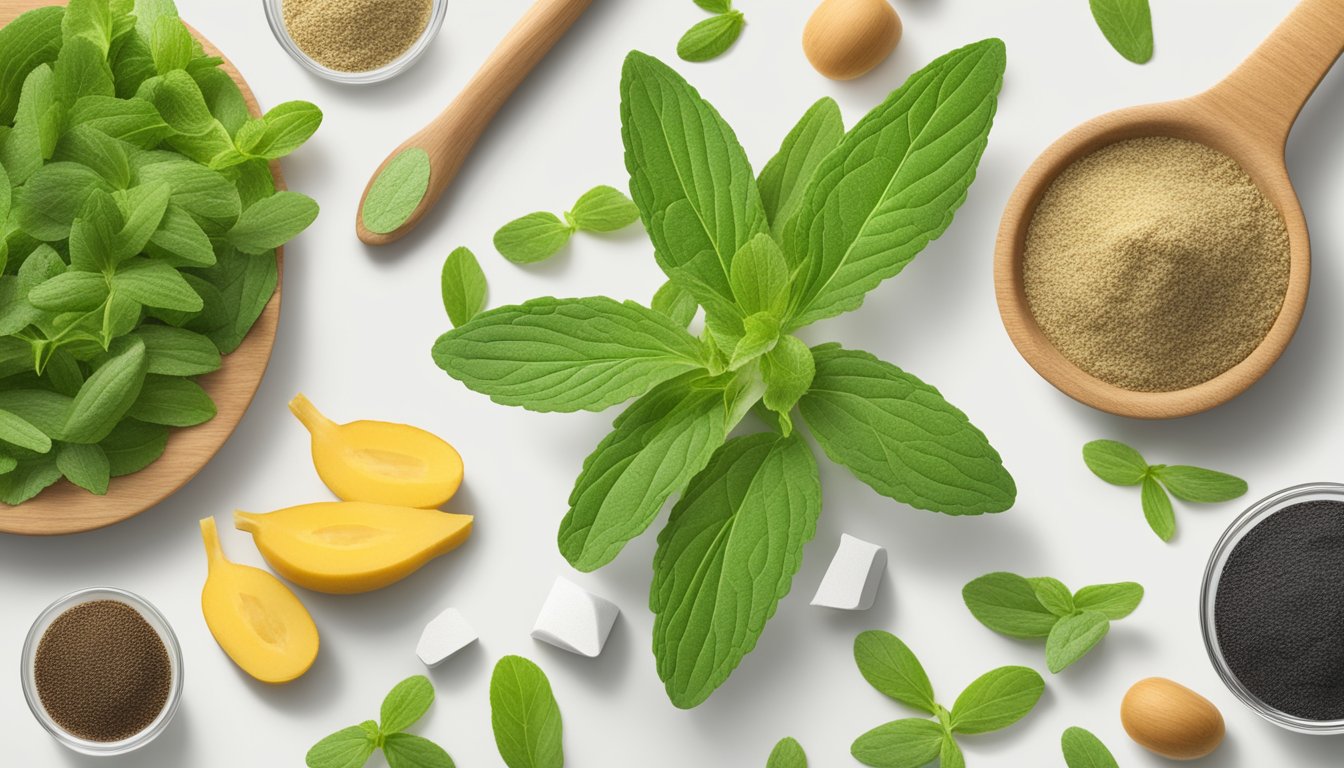 A stevia leaf surrounded by various healthy foods and a measuring tool to symbolize its low glycemic index impact on health