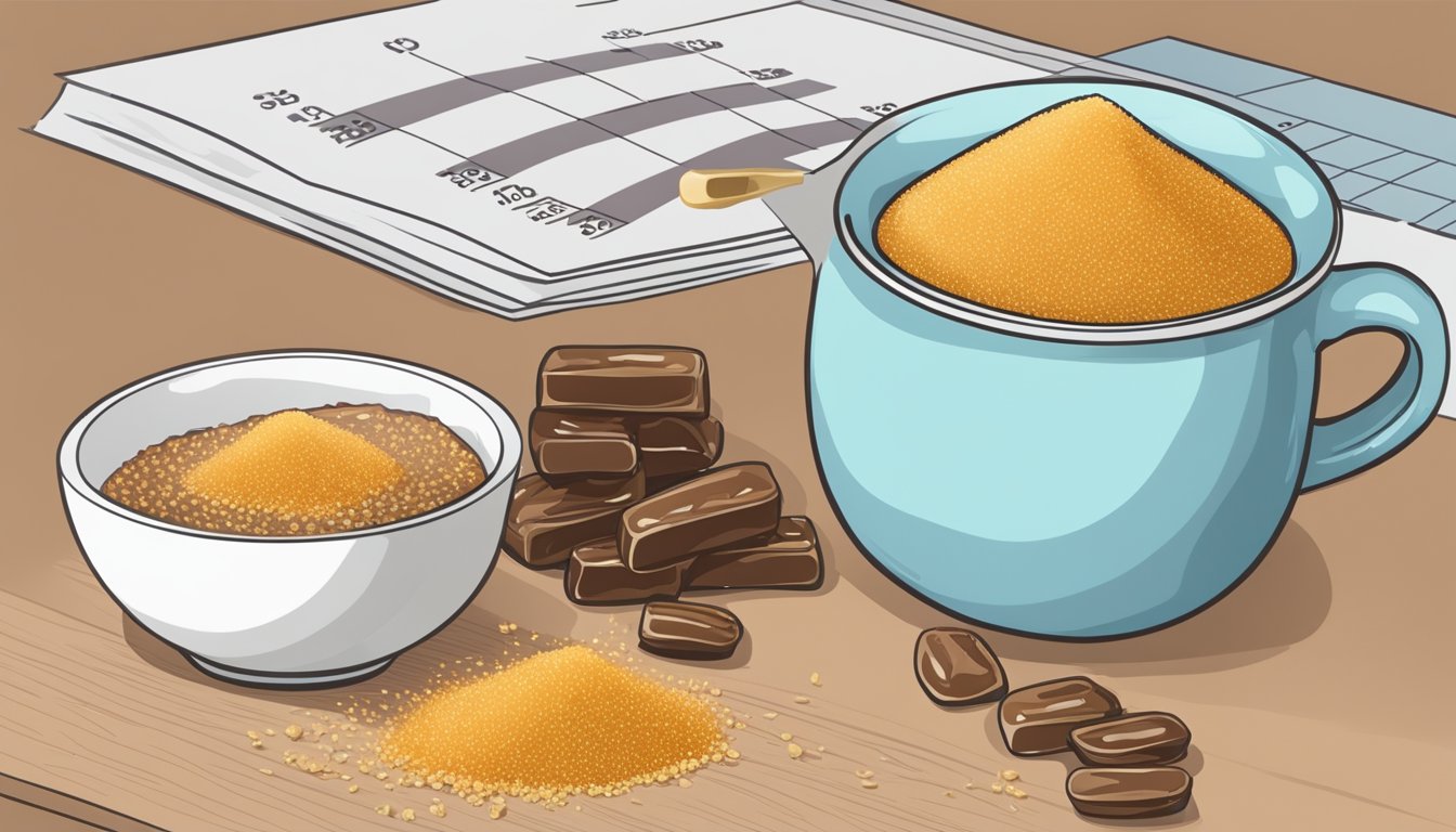 A pile of date sugar spilling out of a measuring cup onto a table, with a glycemic index chart in the background