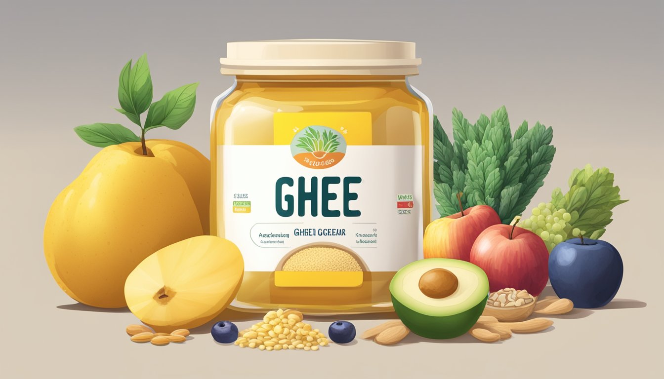 A jar of ghee placed next to a variety of foods with different glycemic indexes, such as fruits, vegetables, and grains