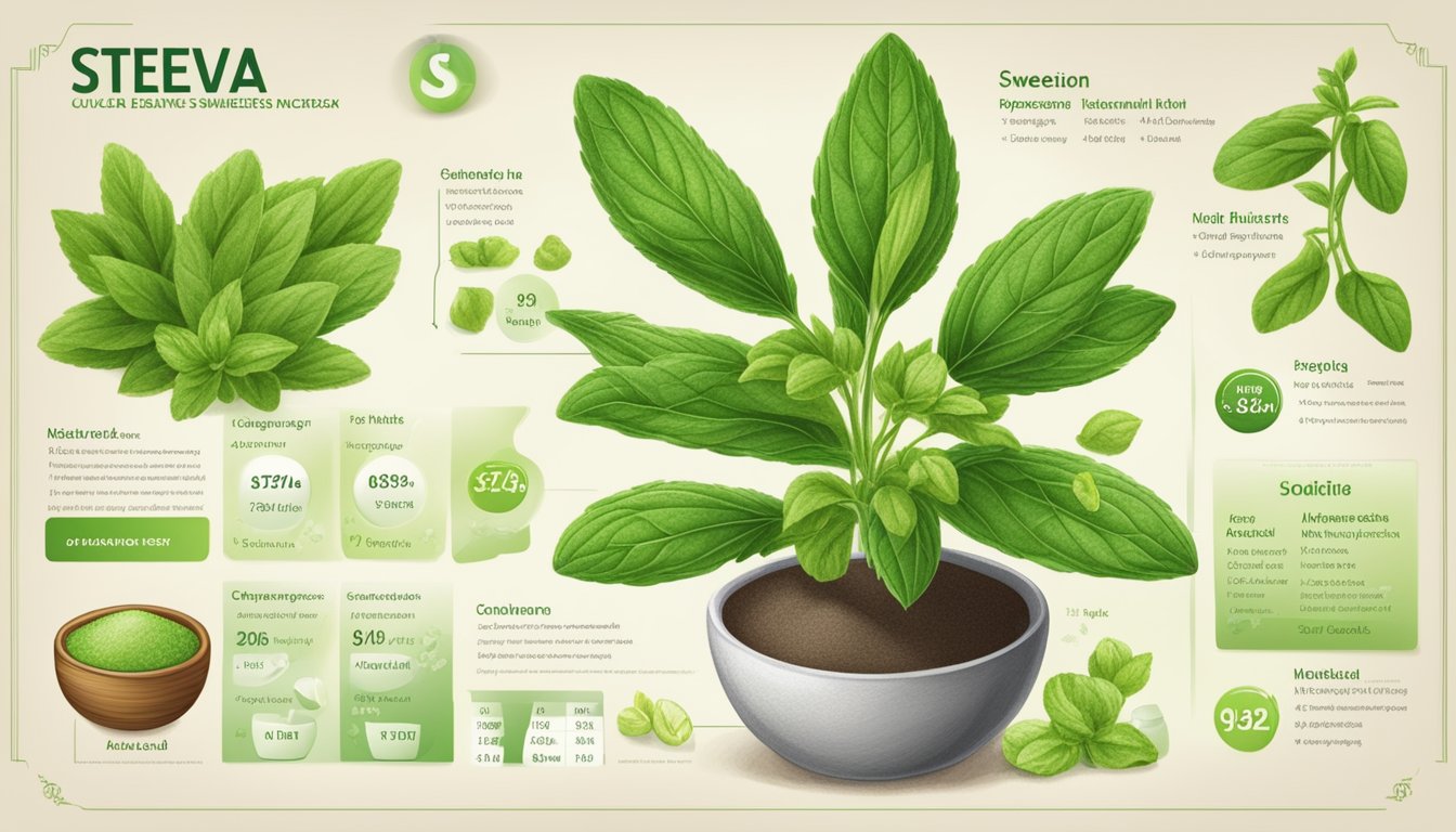 A stevia plant with a low glycemic index rating, surrounded by various natural sweeteners and a nutritional chart for comparison