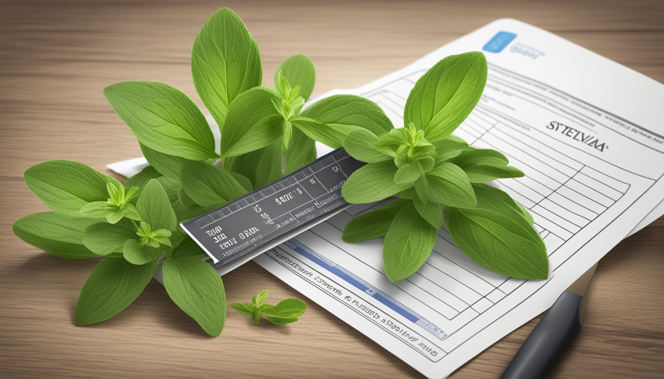 A stevia plant surrounded by a ruler, a nutrition label, and a regulatory document