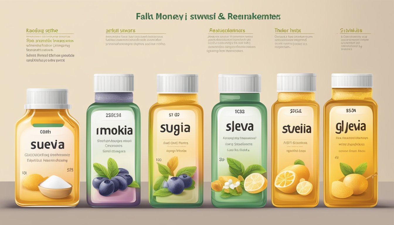 A table with various sweeteners - monk fruit, sugar, stevia, and honey - arranged in a row with their respective glycemic index values displayed next to them