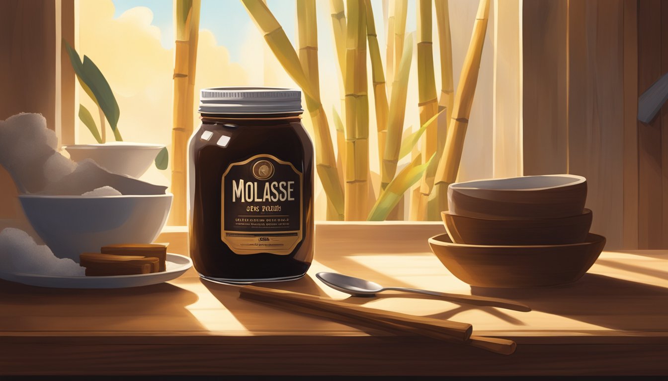 A jar of molasses sits on a wooden table, surrounded by a scattering of sugarcane and a measuring spoon. The warm glow of sunlight streams through a nearby window, casting soft shadows on the scene