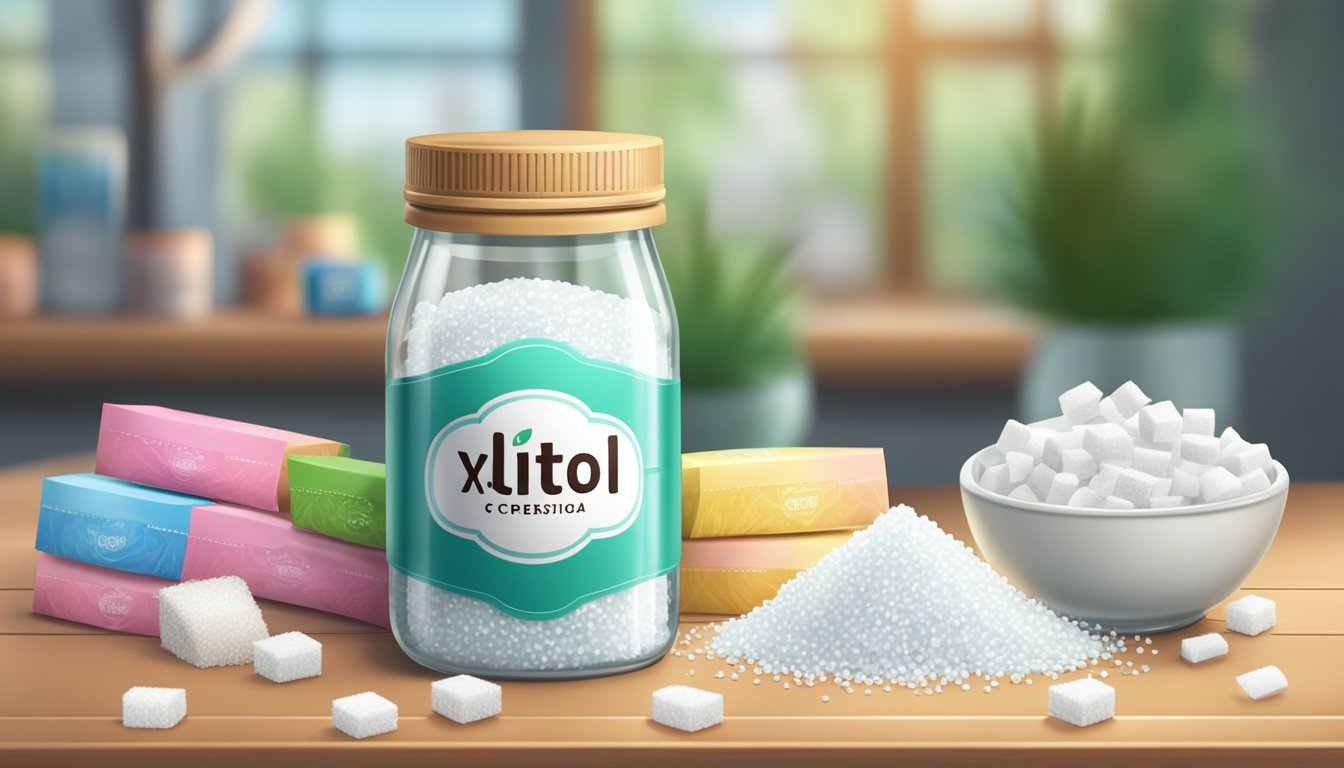 A glass jar filled with xylitol crystals sits on a wooden table, surrounded by scattered sugar packets and a pile of xylitol-containing products