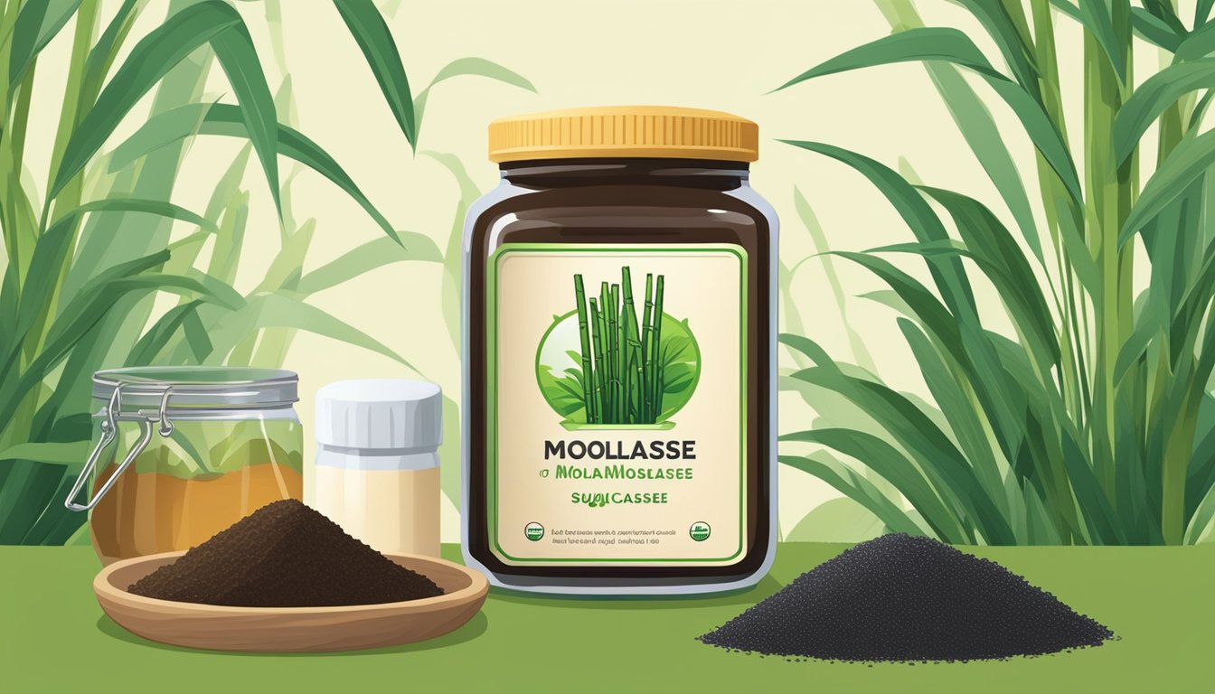 A jar of molasses surrounded by organic sugar cane and a leafy green plant, with a prominent glycemic index chart in the background