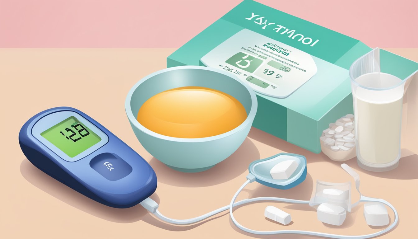 A bowl of xylitol sweetener next to a blood glucose monitor showing low levels