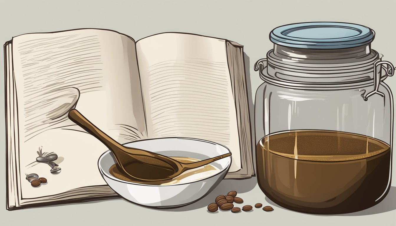 A jar of molasses being poured into a mixing bowl, with a measuring spoon and a recipe book nearby