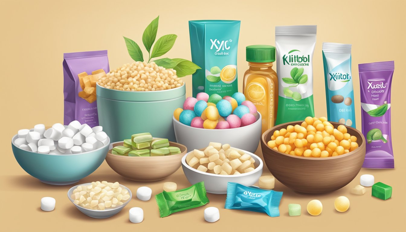 A variety of foods and products containing xylitol, such as gum, mints, and sugar-free snacks, displayed on a table