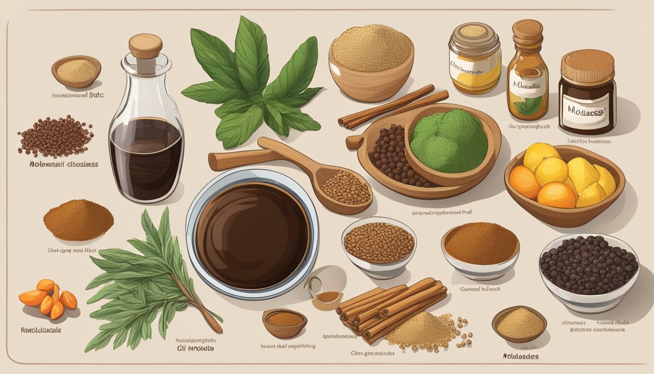 A table with assorted international ingredients like spices, fruits, and grains, with a prominent jar of molasses, and a chart displaying glycemic index values