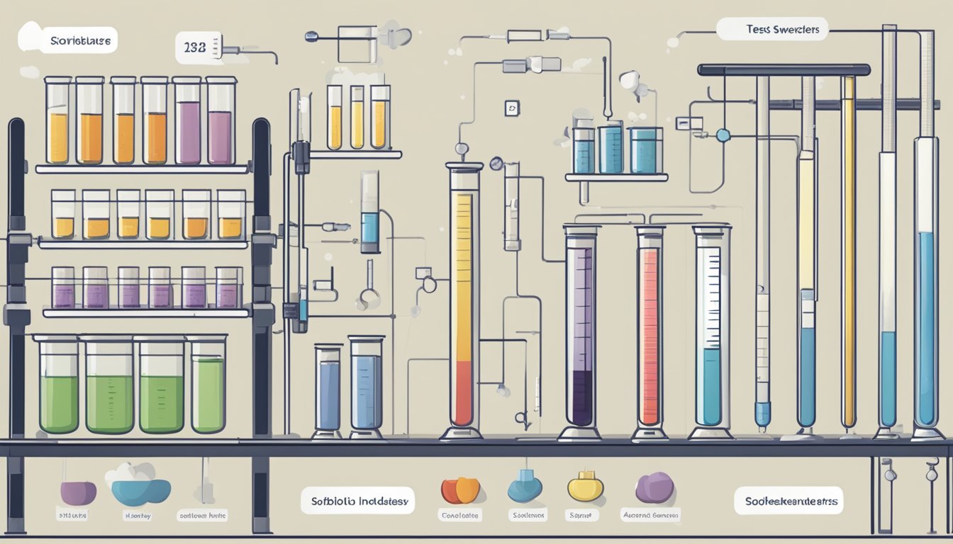 A laboratory setup with test tubes containing sorbitol and other sweeteners, along with a chart showing their respective glycemic indexes