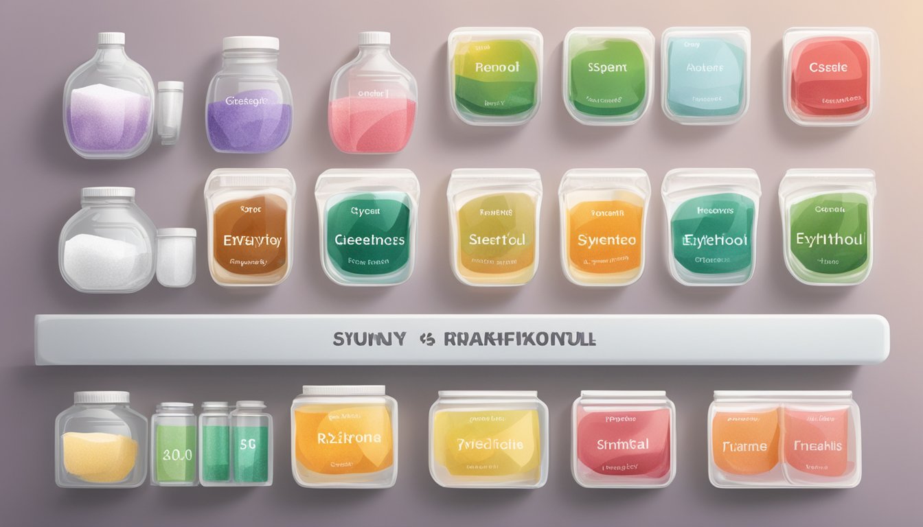 A table with various sweeteners, including erythritol, arranged in rows with their respective glycemic index values displayed next to them