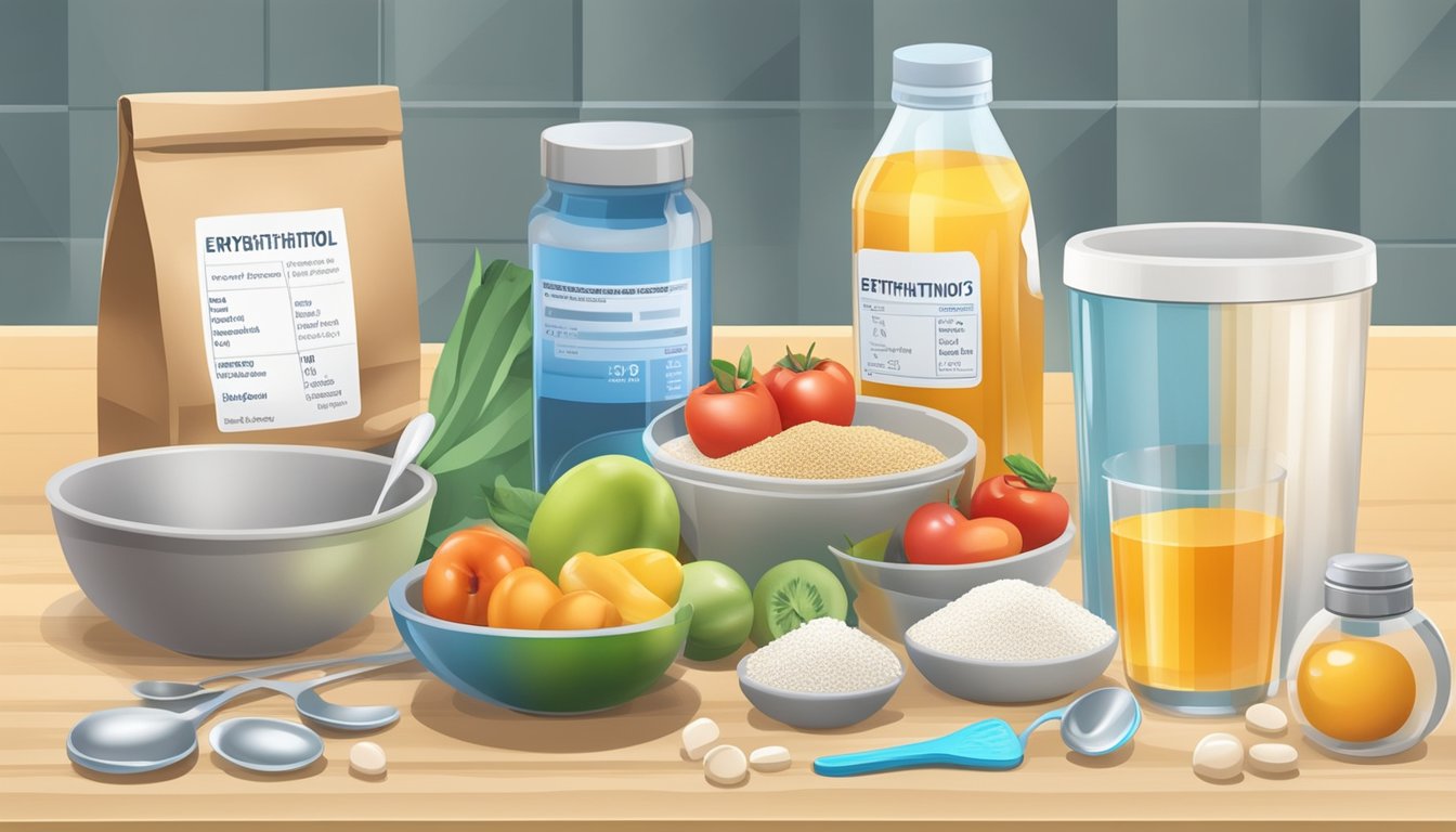 A kitchen counter with various food items and a bag of erythritol, a glycemic index chart, and a measuring spoon