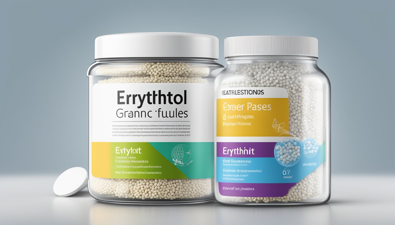 A clear glass jar filled with erythritol granules, alongside a nutrition label and a regulatory status symbol