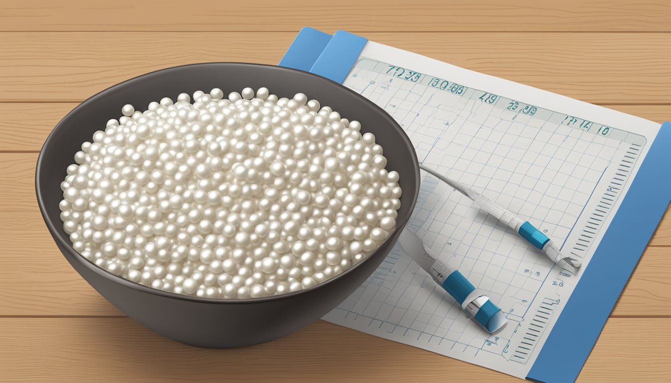 A clear bowl of tapioca pearls sits on a wooden table next to a measuring tape and a glycemic index chart