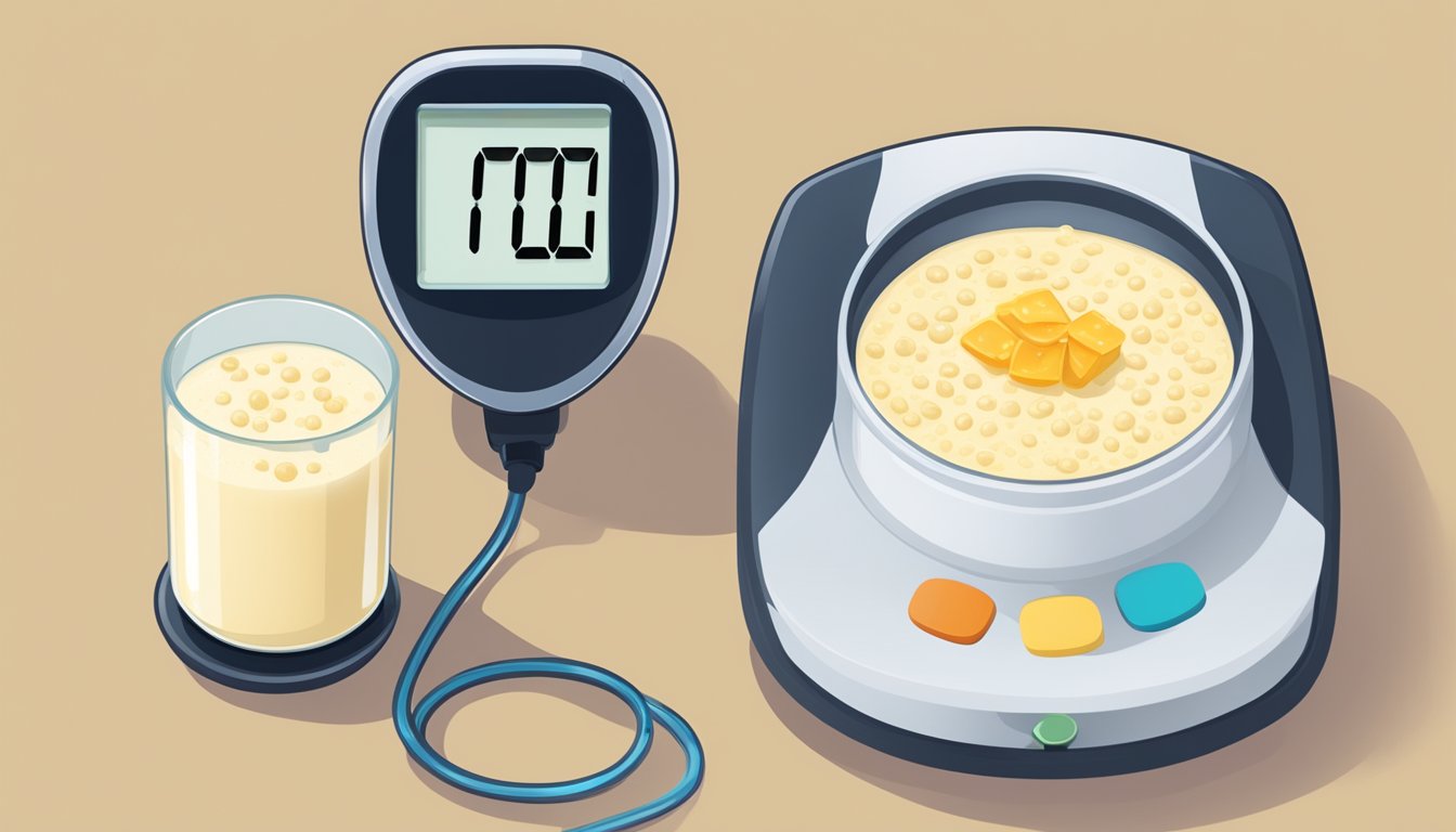 A bowl of tapioca pudding next to a blood sugar monitor showing elevated levels