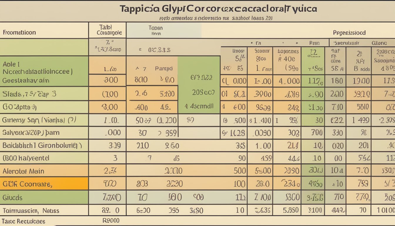 A table with various types of tapioca and their corresponding glycemic index values displayed in a chart format