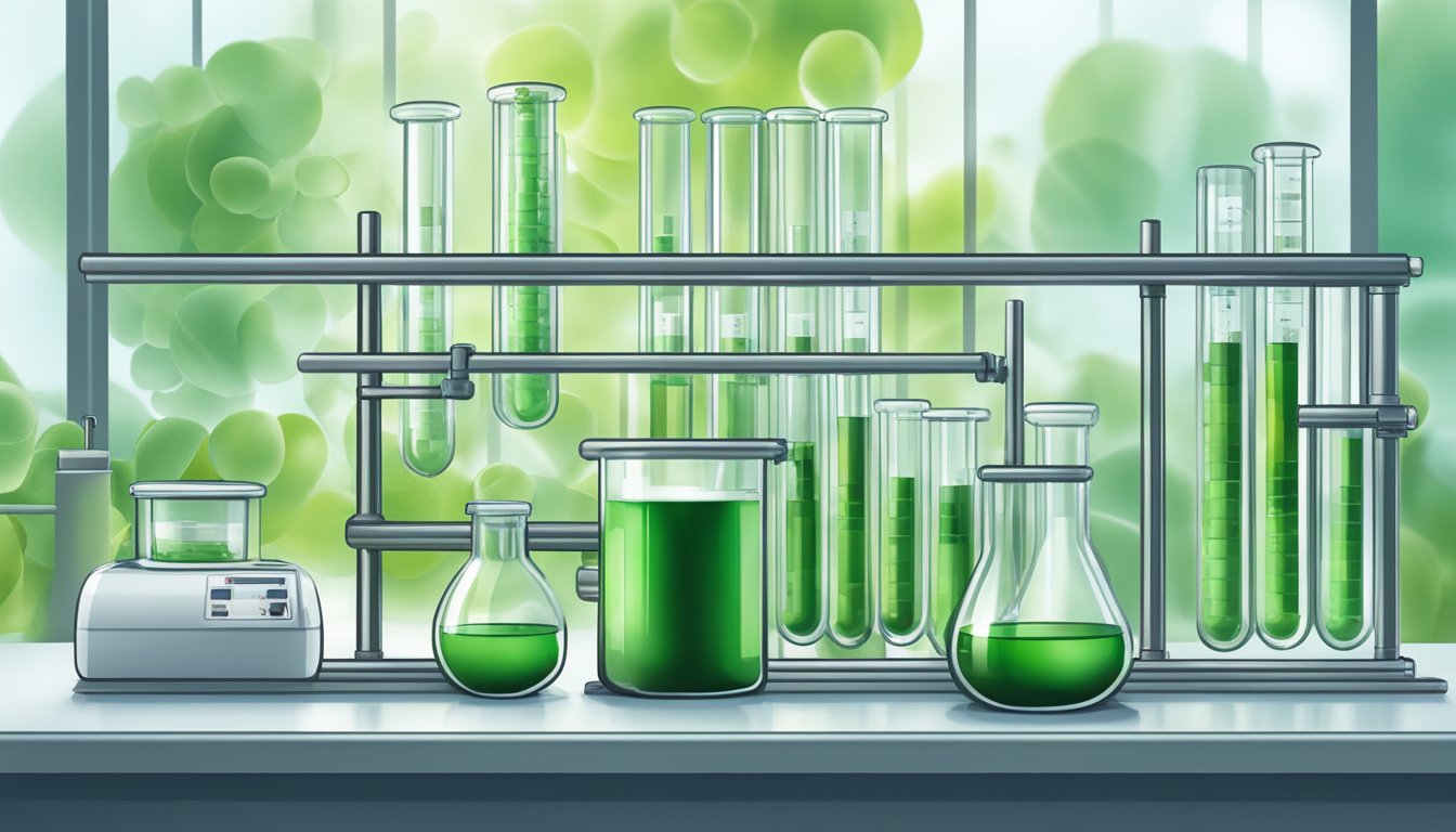 A laboratory setting with test tubes and equipment, with a focus on the process of analyzing lipid and metabolic profiles of Chlorella