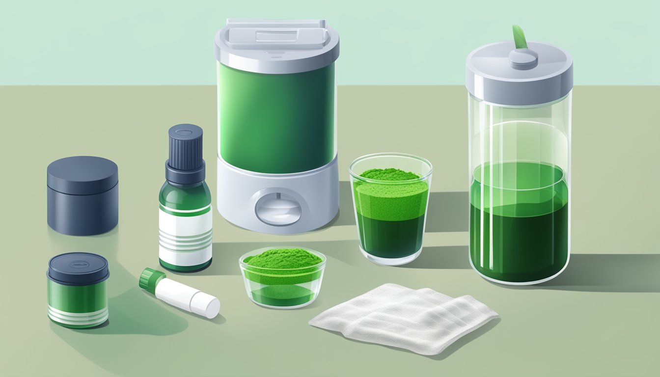 A clear glass of chlorella powder dissolving in water, next to a tablet dispenser with recommended dosages and consumption methods