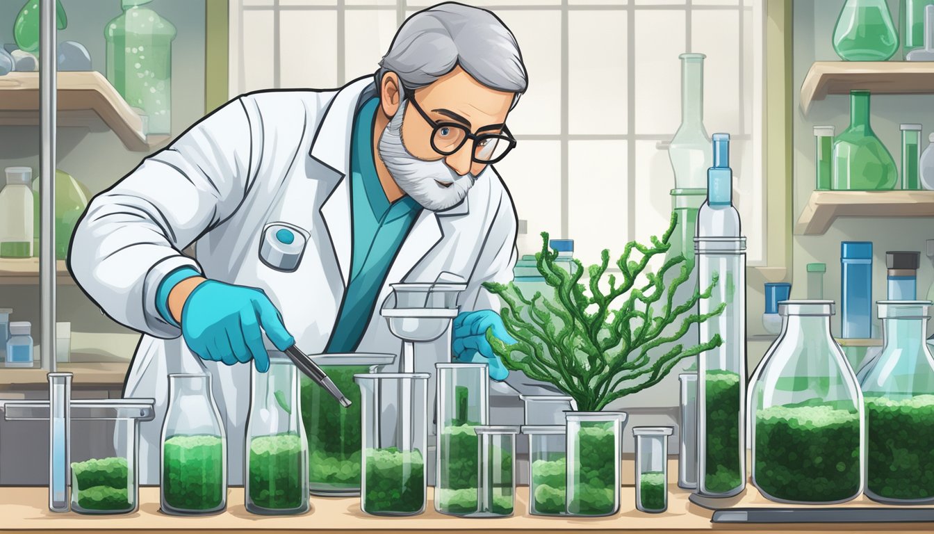 A scientist in a lab coat examines a sample of nori seaweed under a microscope, surrounded by beakers and test tubes