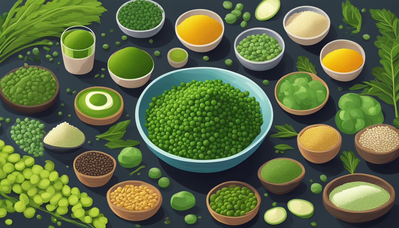 A vibrant illustration of chlorella surrounded by various superfoods, with a focus on their differences in size, color, and texture