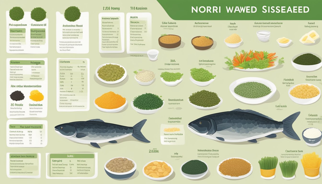 A table set with various foods, including nori seaweed, alongside a glycemic index chart and nutritional information