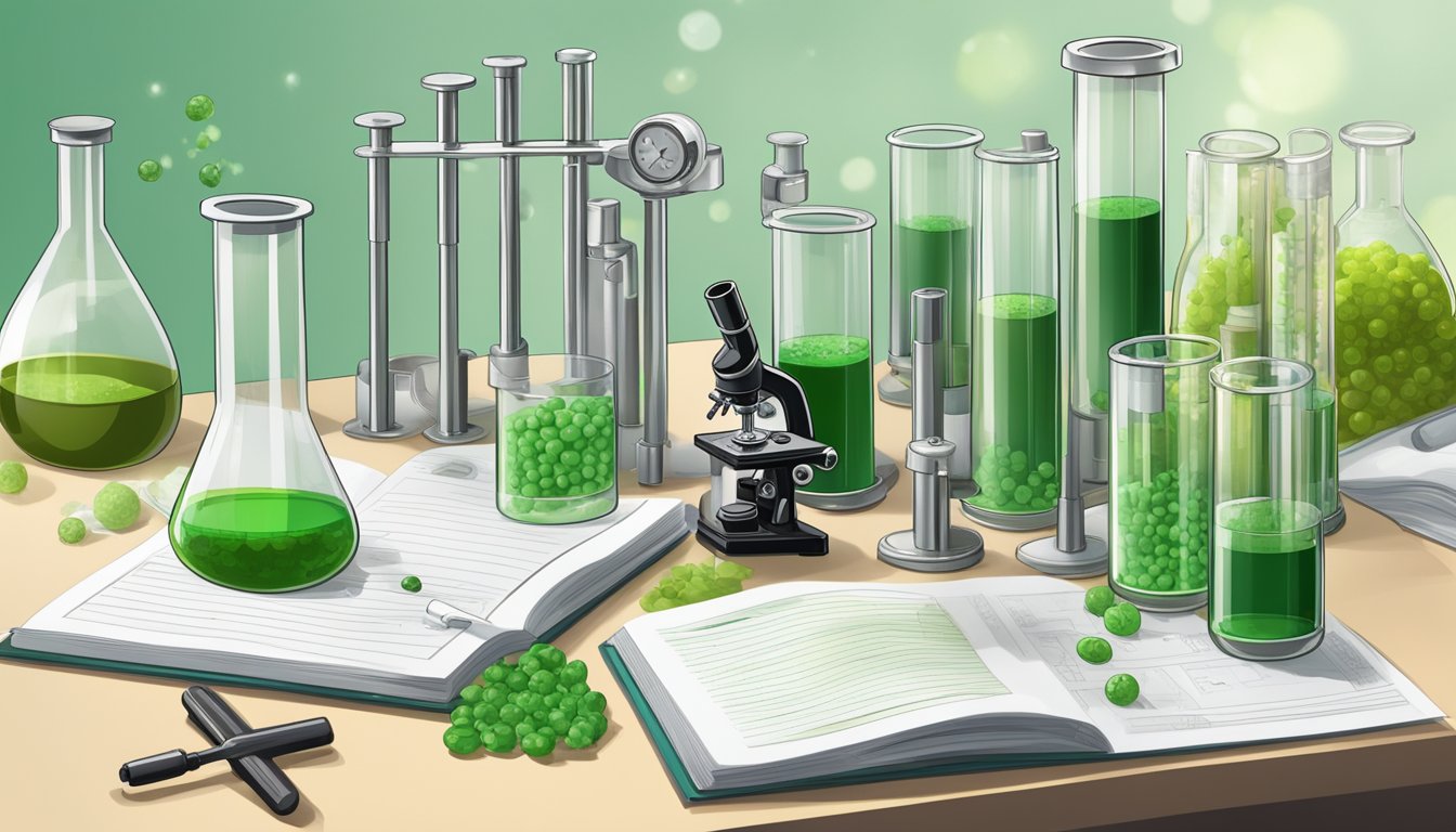 A laboratory setting with test tubes and microscopes, surrounded by scientific journals on the broader health implications of chlorella and its glycemic index