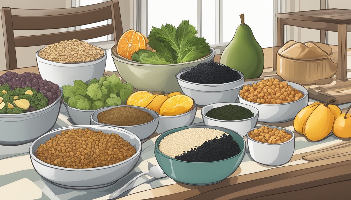 A table set with a variety of foods, including nori seaweed, whole grains, and fruits, with a glycemic index chart in the background