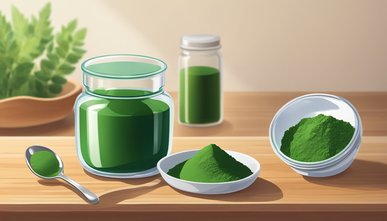 A clear glass jar filled with vibrant green chlorella powder sits on a wooden countertop next to a measuring spoon and a small dish of the powder