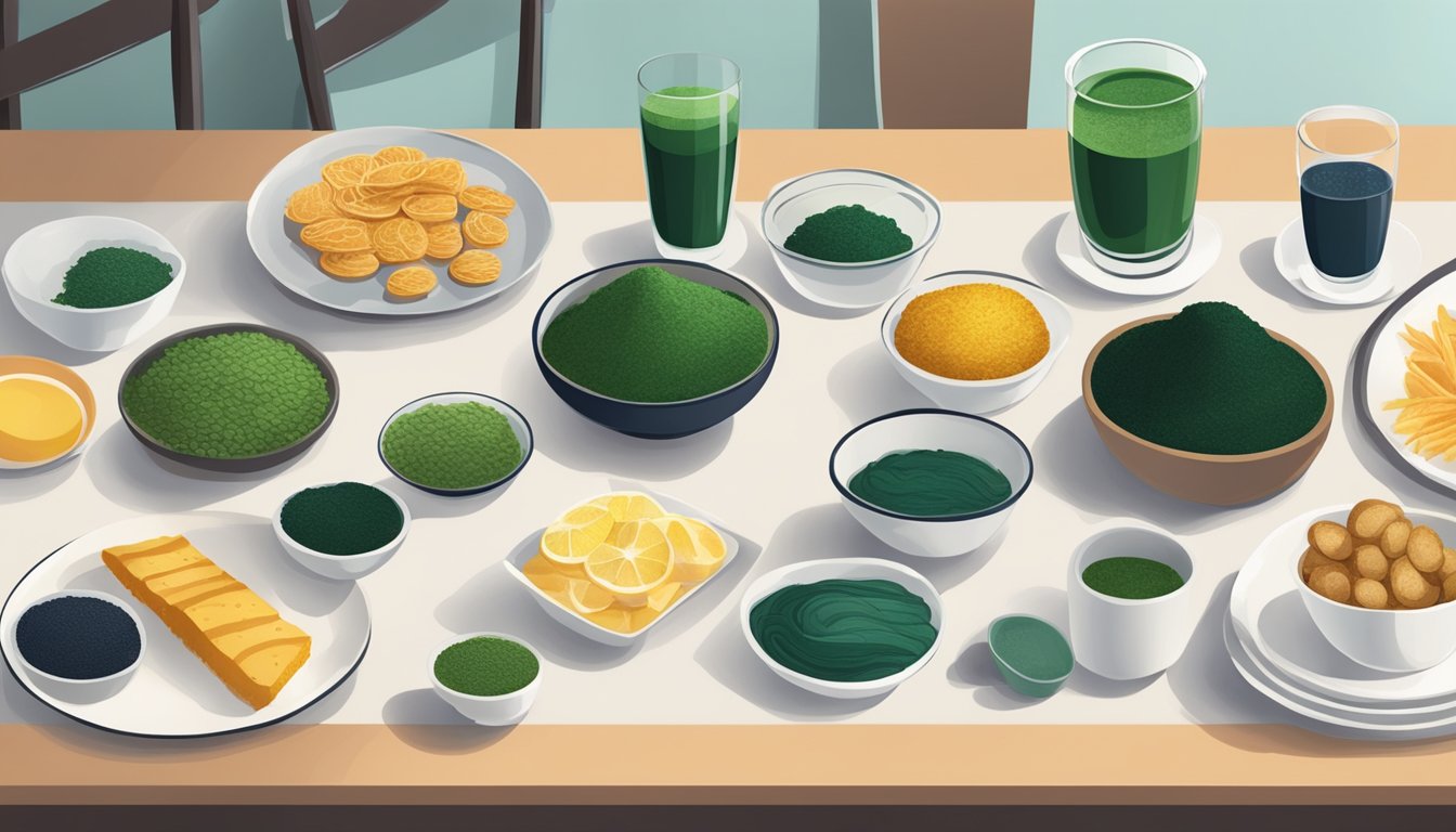 A table set with various foods, including spirulina, with a focus on low-glycemic options