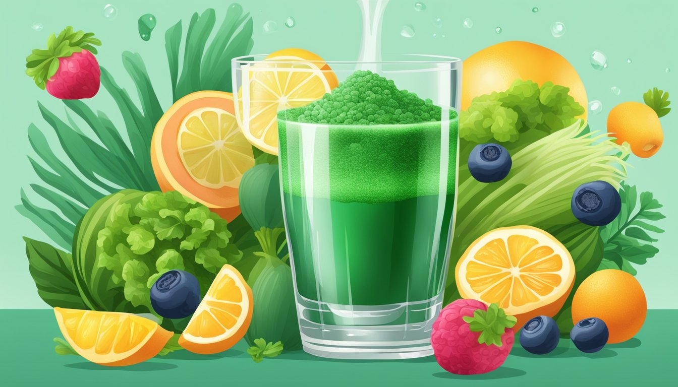 A vibrant green spirulina powder swirls into a glass of water, surrounded by fresh fruits and vegetables