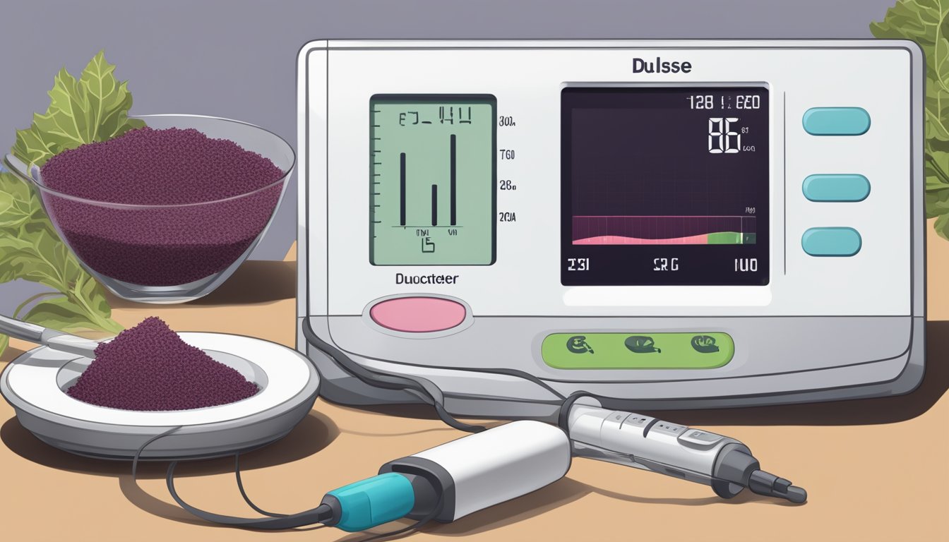 A plate of dulse sits next to a glucometer, showing a stable blood sugar reading