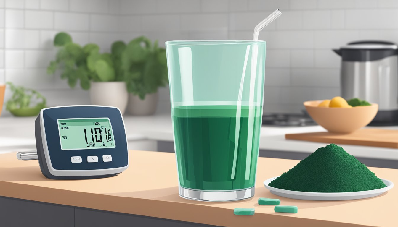 A glass of spirulina-infused water sits on a kitchen counter next to a blood glucose monitor and a nutrition label