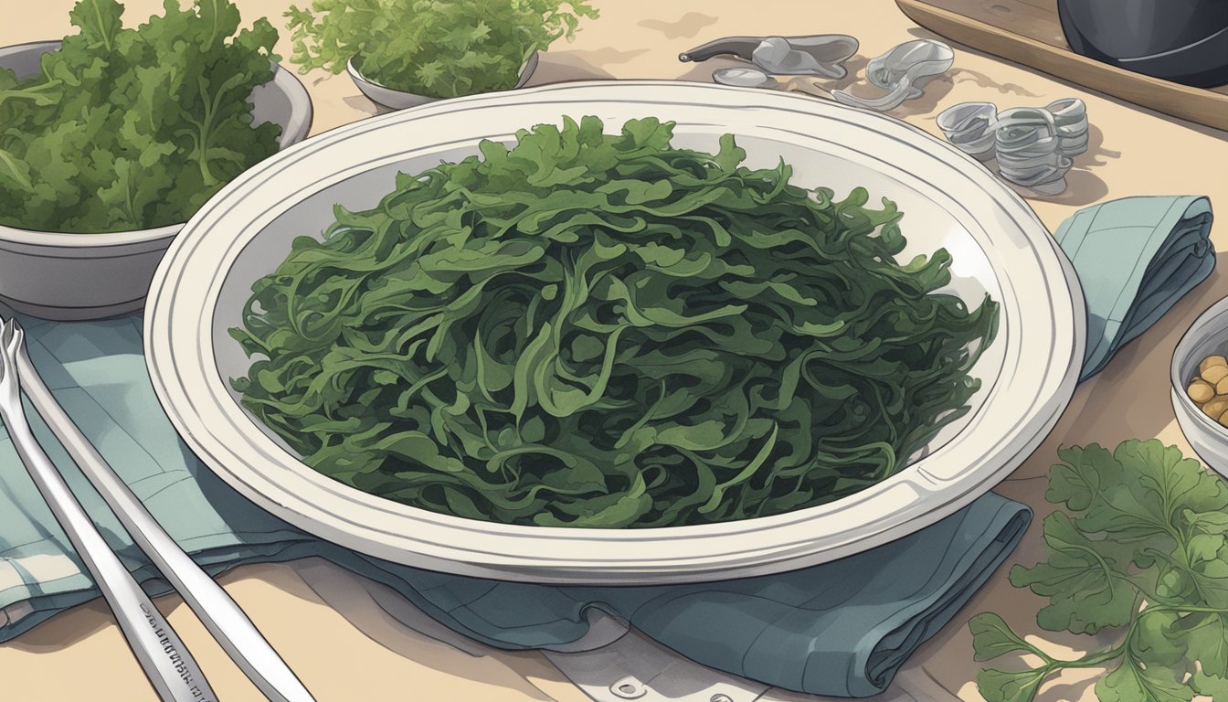 A plate of wakame seaweed surrounded by various measuring tools and a nutrition label