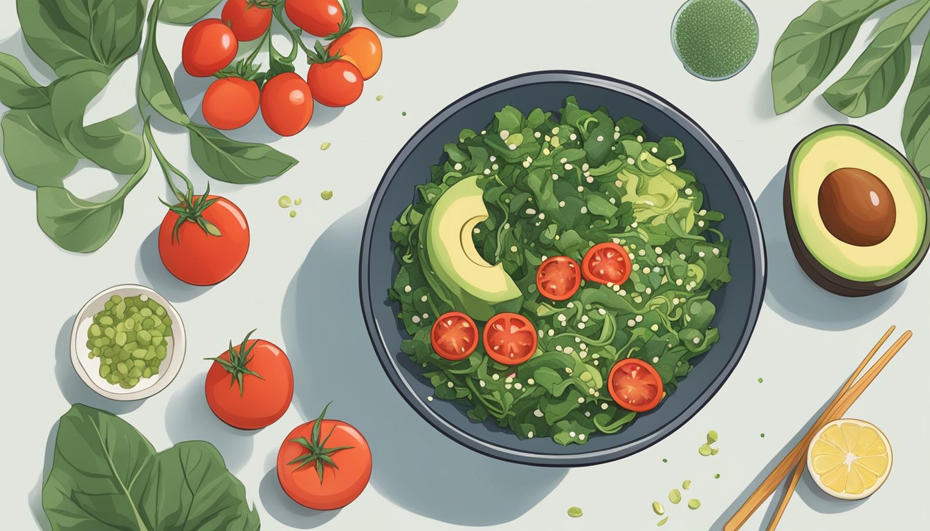 A bowl of wakame salad surrounded by fresh ingredients like sesame seeds, avocado, and tomatoes, with a backdrop of a serene ocean