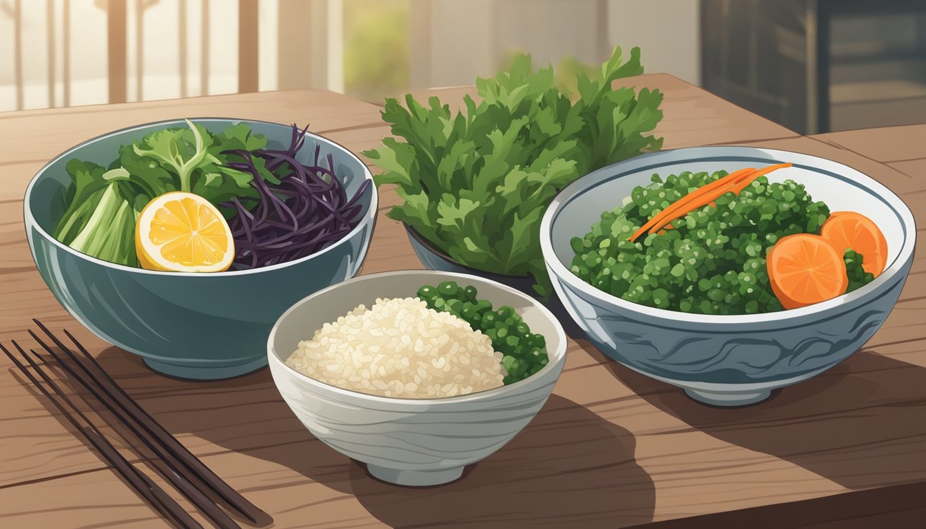 A bowl of wakame salad surrounded by fresh vegetables and a side of brown rice on a wooden table