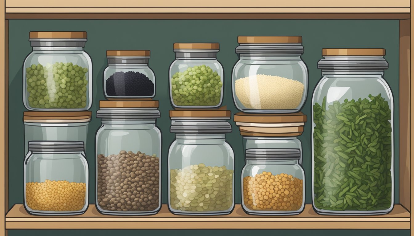 A glass jar filled with dried wakame seaweed sits on a shelf next to other neatly organized containers of various grains and legumes