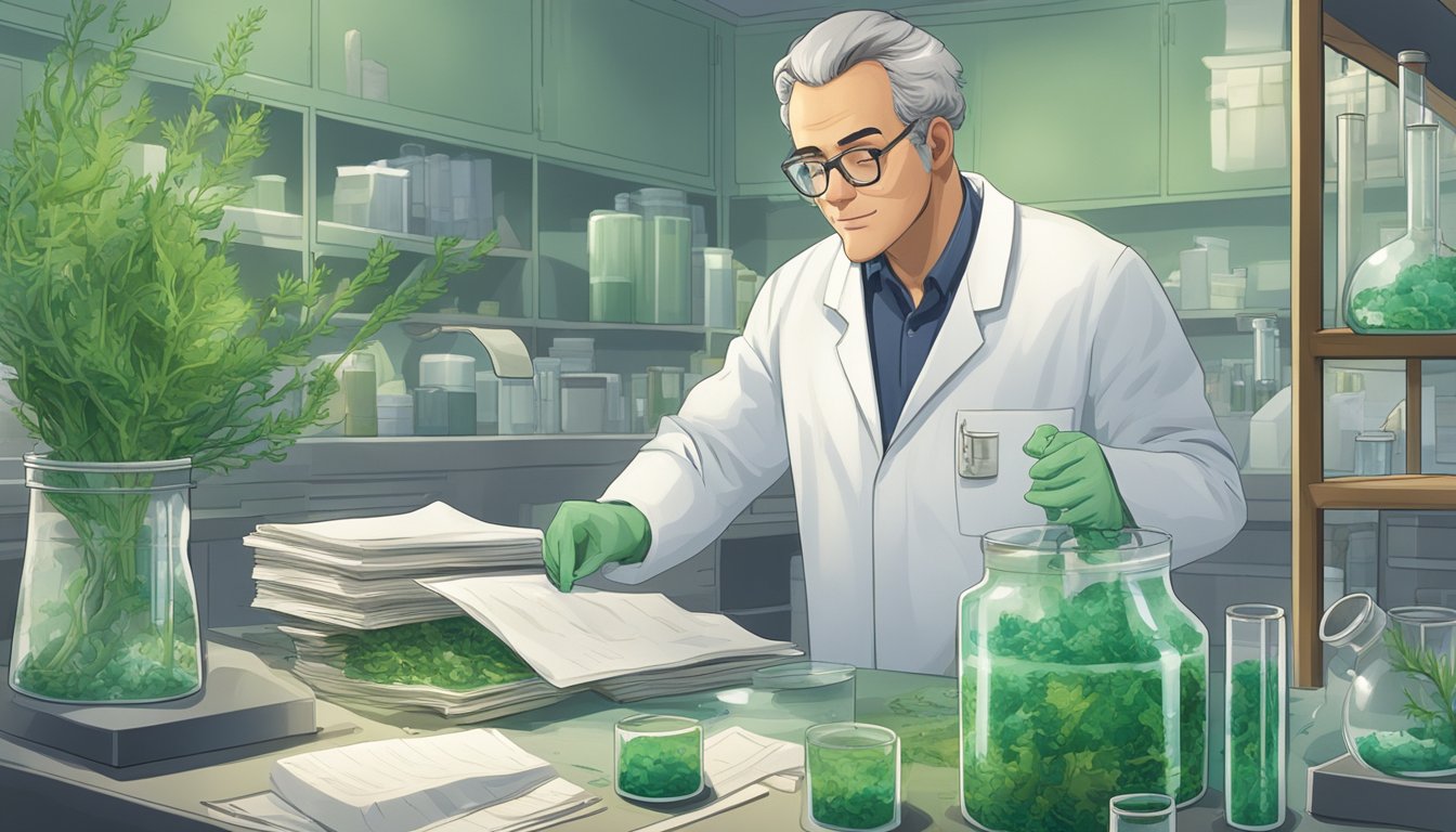 A scientist in a lab coat examines a test tube filled with Wakame seaweed, surrounded by research papers and scientific equipment