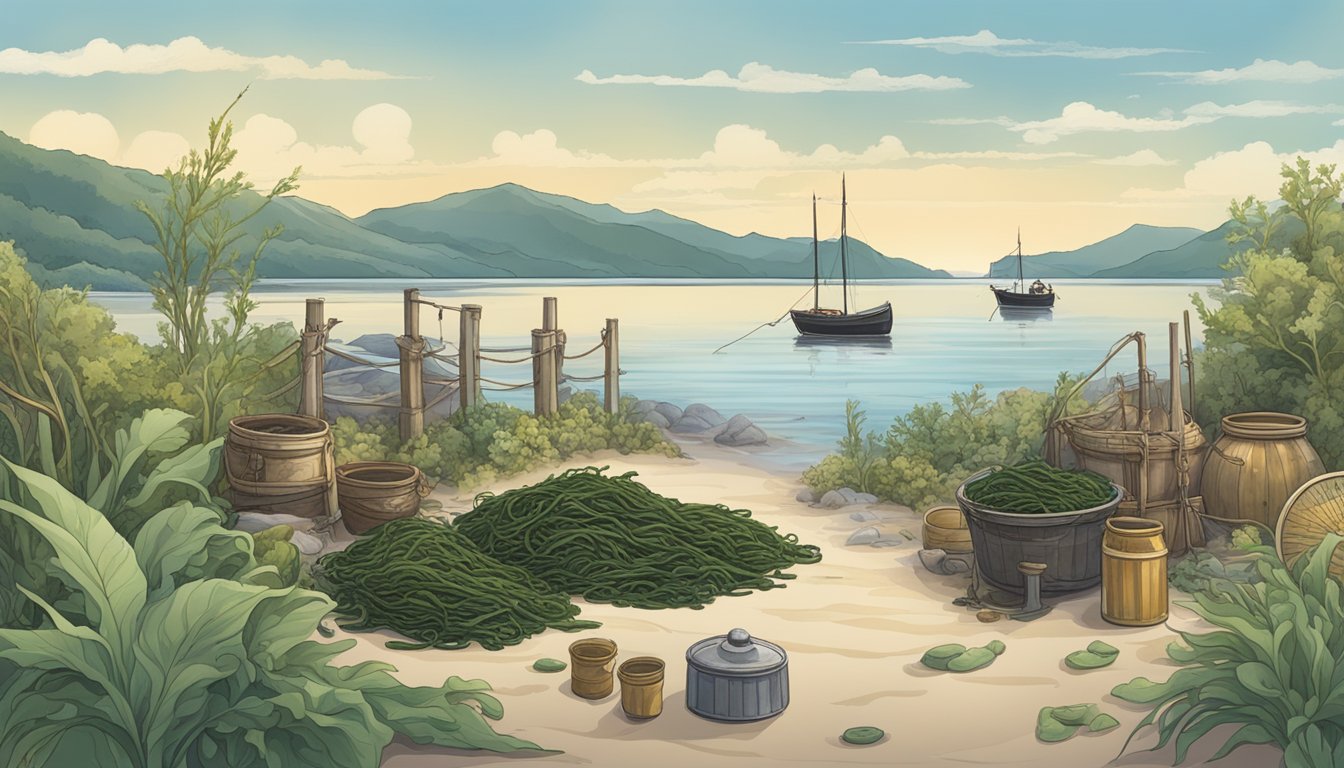 A coastal scene with a variety of seaweed species, including wakame, surrounded by cultural artifacts and traditional fishing equipment