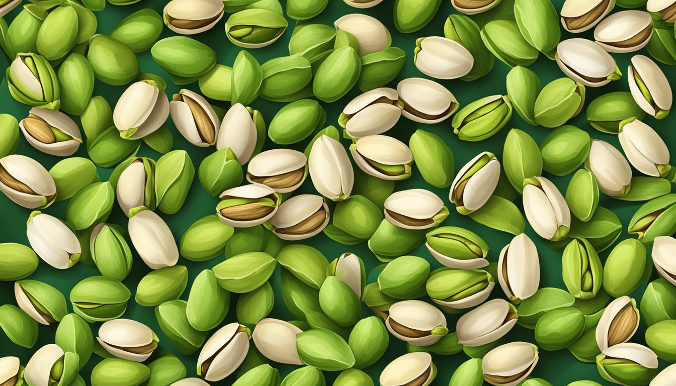 A pile of pistachios arranged in a circular pattern, with some cracked open to reveal the green nut inside