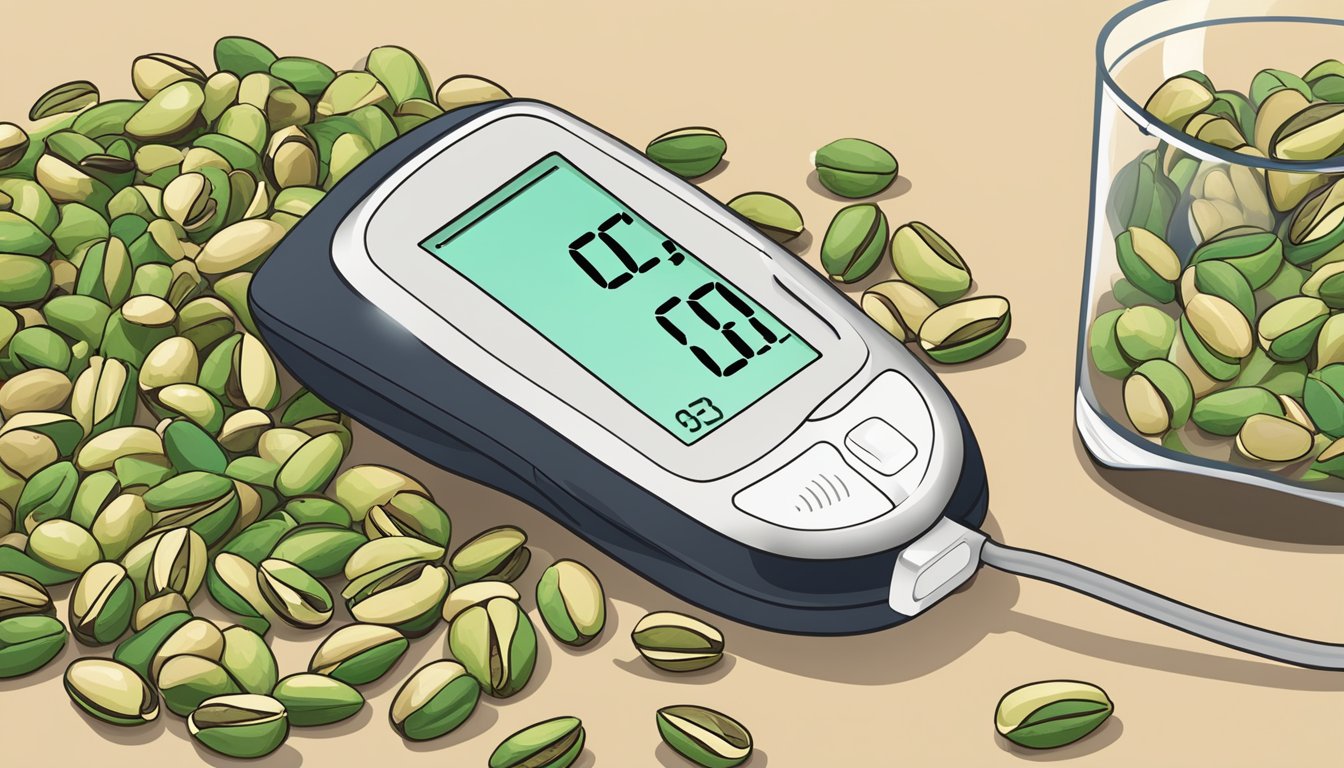 A pile of pistachios next to a blood glucose monitor, with a graph showing stable levels