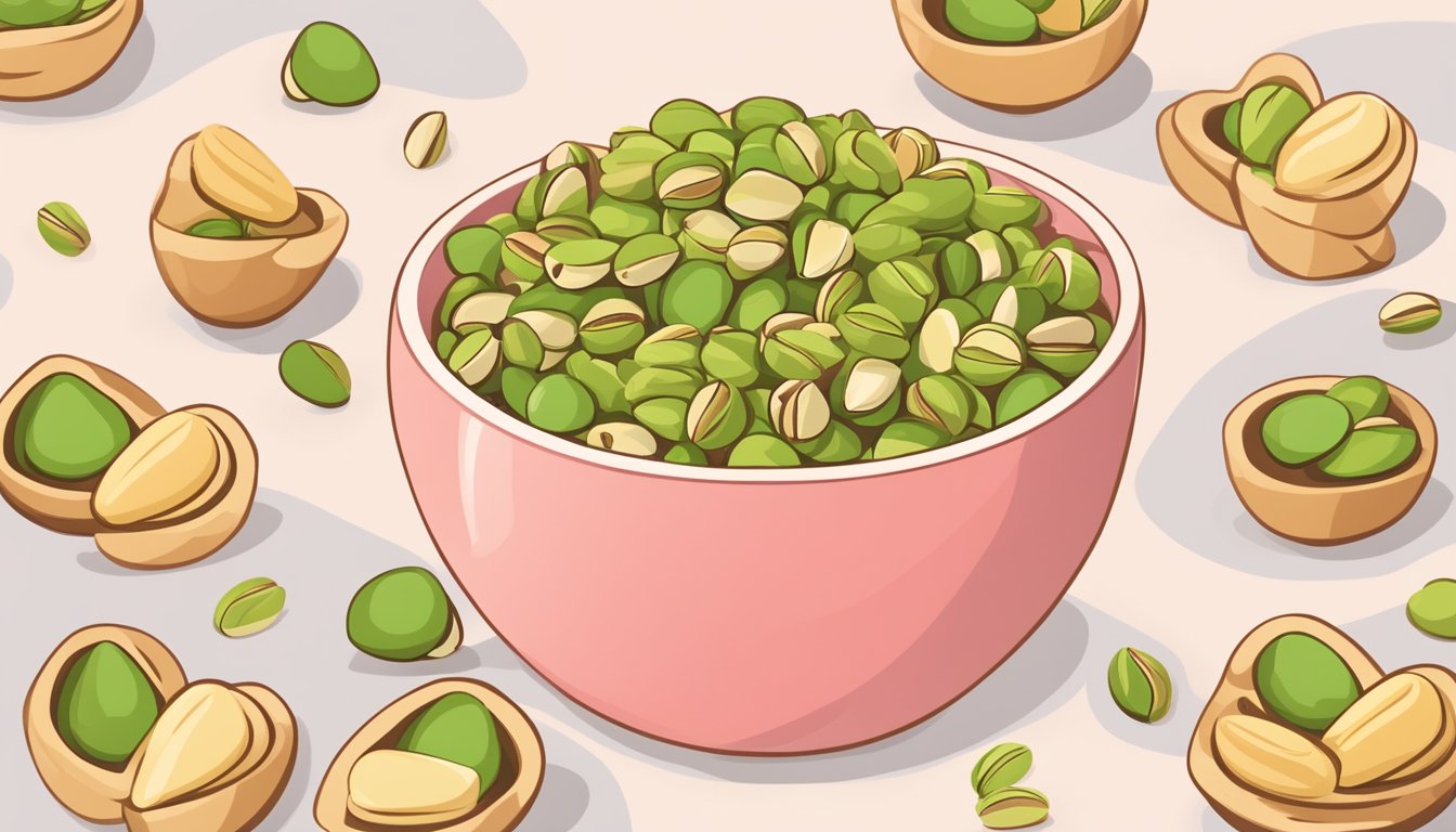 A bowl of pistachios surrounded by heart-shaped icons and a chart showing low glycemic index