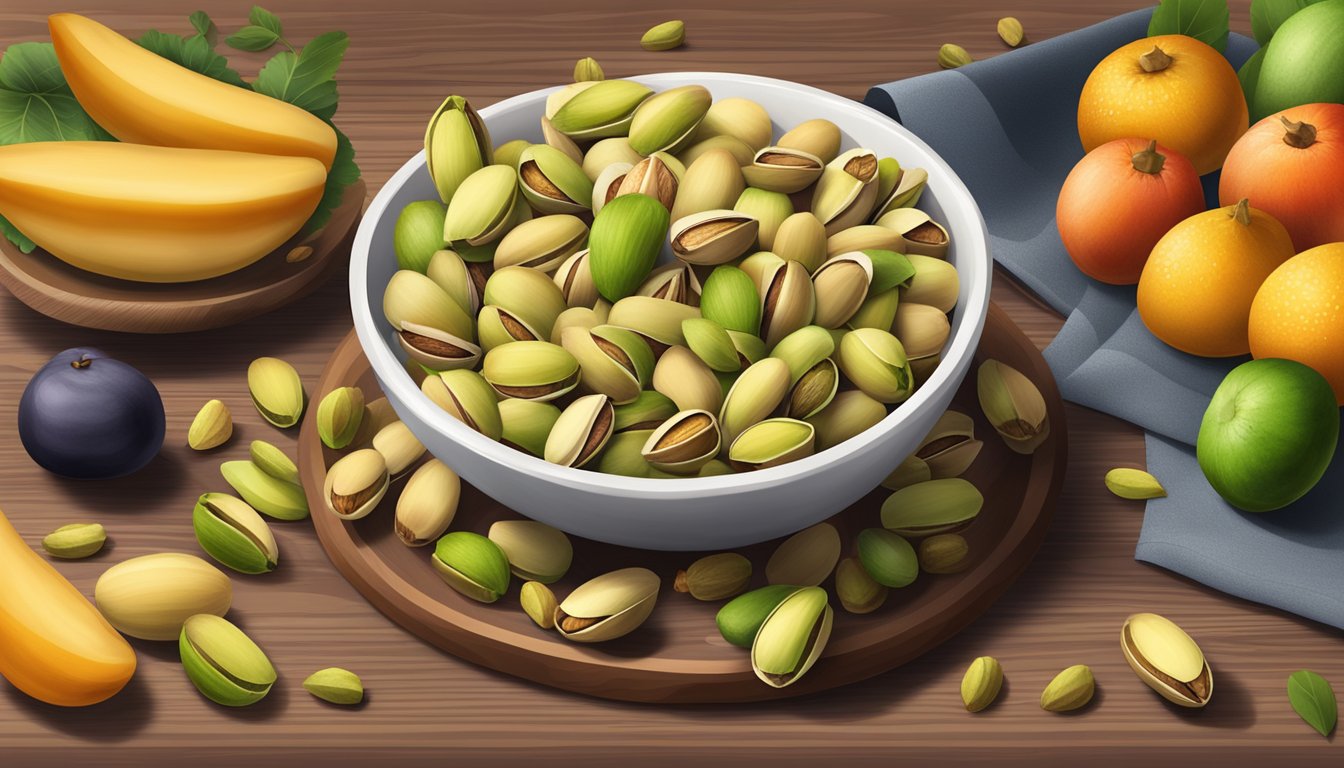 A bowl of pistachios surrounded by fresh fruits and vegetables on a wooden table