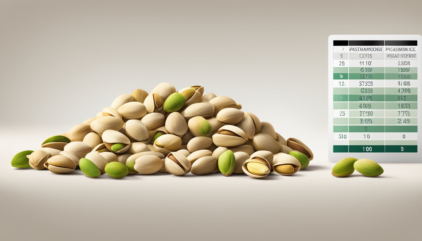 A pile of pistachios arranged in a row, with a glycemic index chart displayed next to them