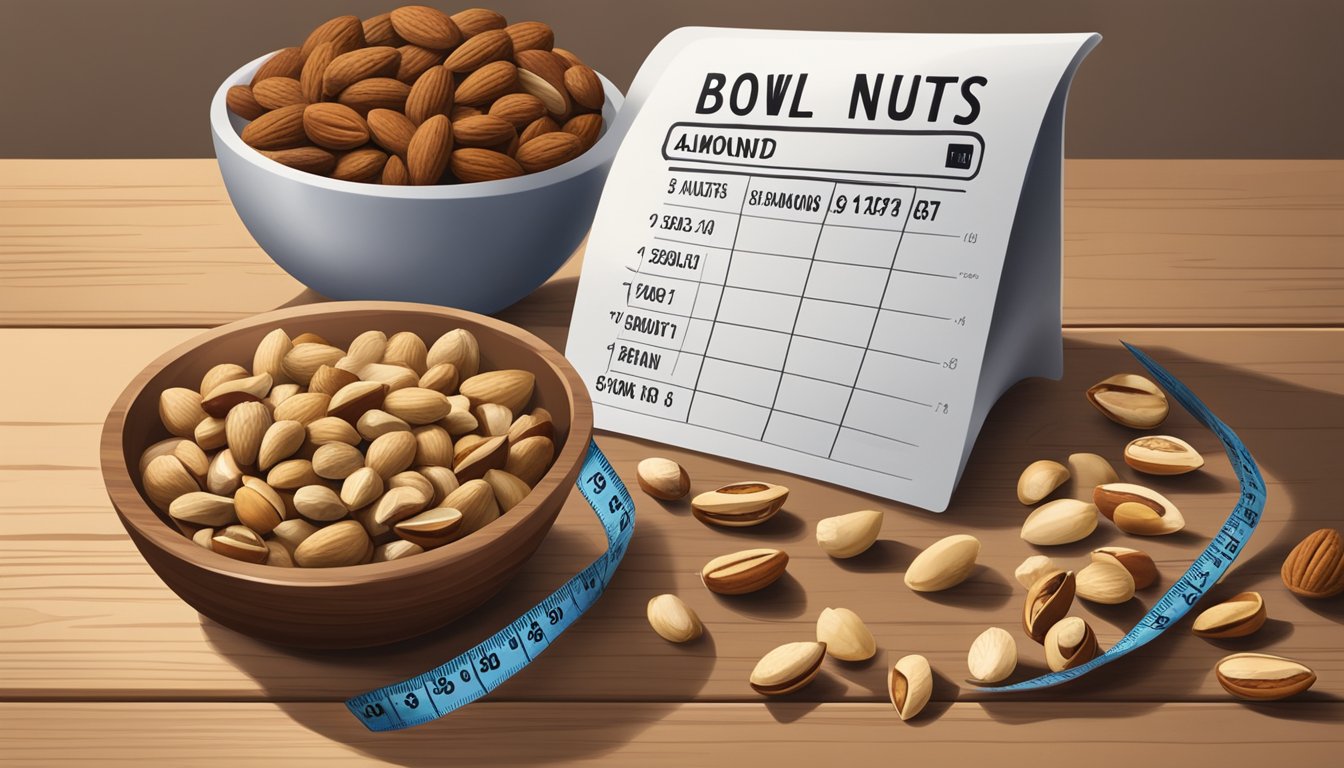 A bowl of mixed nuts sits on a wooden table, with Brazil nuts prominently displayed among almonds and walnuts. A measuring tape and a nutrition chart are placed next to the bowl