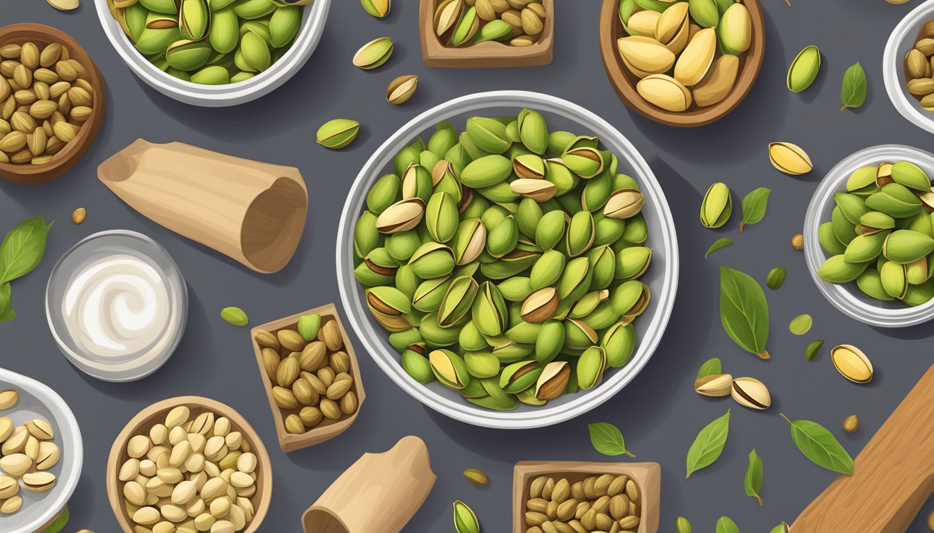 A bowl of pistachios surrounded by various sustainable consumption products