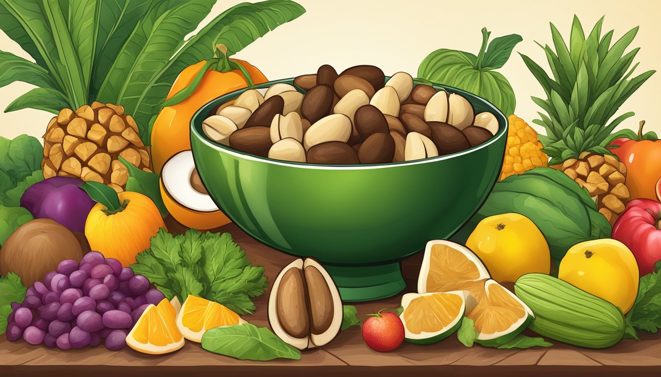 A bowl of Brazil nuts surrounded by colorful fruits and vegetables