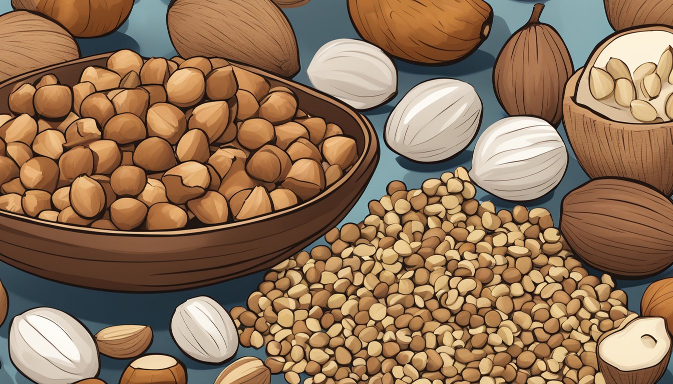 A pile of hazelnuts surrounded by different types of nuts, with a chart showing their respective glycemic indexes